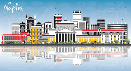 Fototapeta premium Naples Italy City Skyline with Color Buildings, Blue Sky and Reflections.