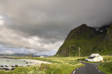 Panorama with midnight sun at Eggum at Lofoten in Norway