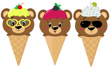 A set of three brown bears in the image of an ice cream. Sits in a waffle cone on his head glaze and ice cream with a berry, in the style of a cartoon. Flat, vector.