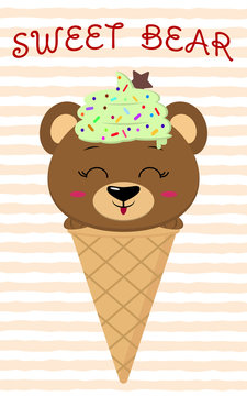 Cute brown bear in the image of ice cream. Sits in a waffle cone on his head glaze and a berry, against a background of stripes in the style of a cartoon. Flat, vector.