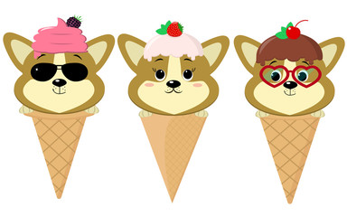 A set of three cute Corgi puppies in the form of ice cream. Sits in a waffle cone on his head glaze and ice cream with a berry, in the style of a cartoon. Flat, vector.