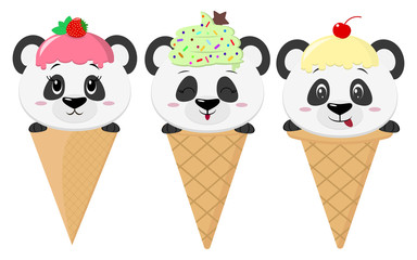 A set of three cute pandas in the image of ice cream. Sits in a waffle cone on his head glaze and ice cream with a berry, in the style of a cartoon. Flat, vector.