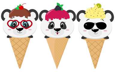 A set of three cute pandas in the image of ice cream. Sits in a waffle cone on his head glaze and ice cream with a berry, in the style of a cartoon. Flat, vector.