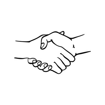 Two human hands shaking symbol in sketch style isolated on white background. Hand drawn black and white greeting or business deal concept with wrists in handshake gesture.