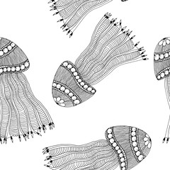 Hand drawn jellyfish made of simple doodles. Hand drawn vector illustration. Monochrome cartoon seamless pattern.