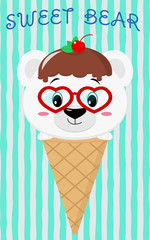 Cute polar bear in the image of ice cream. Sits in a waffle cone on his head glaze and a berry, against a background of stripes in the style of a cartoon. Flat, vector.