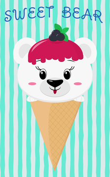 Cute polar bear in the image of ice cream. Sits in a waffle cone on his head glaze and a berry, against a background of stripes in the style of a cartoon. Flat, vector.