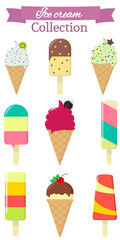 Set of nine different sweet ice cream on white background and pink ribbon with text. Flat style, vector illustration.