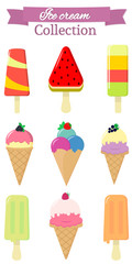 Set of nine different sweet ice cream on white background and pink ribbon with text. Flat style, vector illustration.