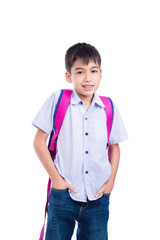 Young asian boy with backpack smiling over white background