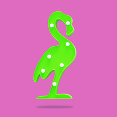 a plastic flamingo lamp with leds over purple background. holiday summer concept.