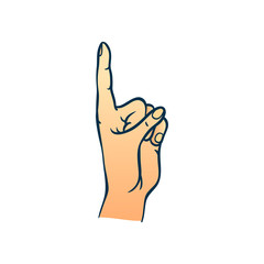 Human hand with index finger up gesture in sketch style isolated on white background - hand drawn colorful vector illustration of wrist with forefinger raised up and pointing or showing.