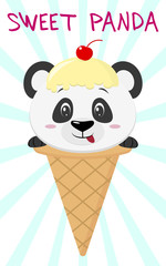 Cute panda in the image of ice cream. Sits in a waffle cone on his head, glaze and a berry, against a background of stripes in the style of a cartoon. Flat, vector.