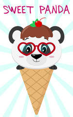 Cute panda in the image of ice cream. Sits in a waffle cone on his head, glaze and a berry, against a background of stripes in the style of a cartoon. Flat, vector.