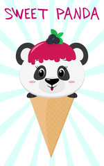 Cute panda in the image of ice cream. Sits in a waffle cone on his head, glaze and a berry, against a background of stripes in the style of a cartoon. Flat, vector.