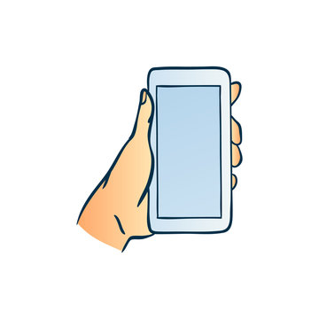 Hand holding smartphone with blank touchscreen in sketch style isolated on white background - colorful hand drawn vector illustration of wrist using mobile phone with empty screen.