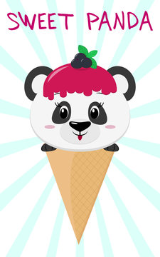 Cute panda in the image of ice cream. Sits in a waffle cone on his head, glaze and a berry, against a background of stripes in the style of a cartoon. Flat, vector.