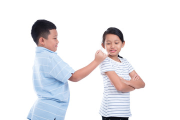 Asian boy ask a girl to reconcile over white background