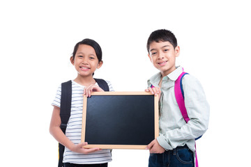 children holding empty chalkboard smiling over white background