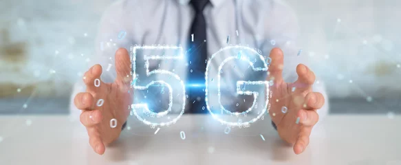 Foto op Plexiglas Businessman using 5G network digital hologram 3D rendering © sdecoret