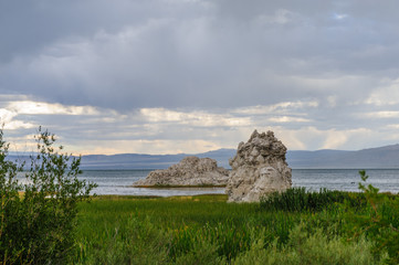 Classic sand stone formations, known as Tufa, higlighted along the coast line of Mono Lake, near the town of Lee Vining, in Eastern California