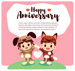 Fototapeta na wymiar Vector illustration of cute man and women character in dog costume for anniversary card