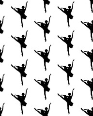 Black silhouettes of ballerina on white background, seamless pattern