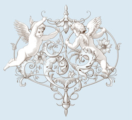 Vintage decorative element engraving with Baroque ornament pattern and cupids. Hand drawn vector illustration