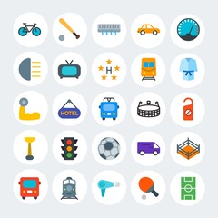 Modern Simple Set of transports, hotel, sports Vector flat Icons. Contains such Icons as  arena, train, conditioner,  competition and more on white cricle background. Fully Editable. Pixel Perfect.