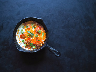 Scrambled eggs with chickpeas and tomatoes on an old pan. Top view with copy space. 
