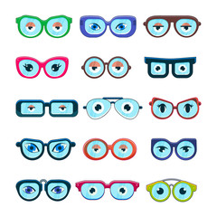 Glasses with eyes vector cartoon eyeglass frame or sunglasses in shapes and accessories for hipsters fashion optical framing spectacles eyesight view set illustration isolated on white background