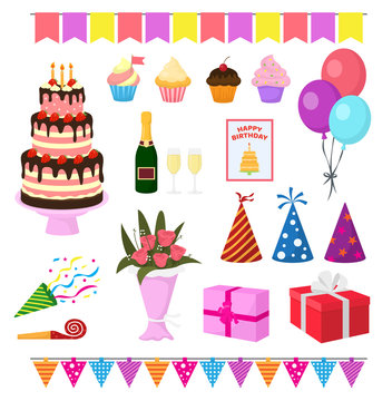 Birthday party vector anniversary cartoon kids happy birth cake or cupcake celebration with gifts and birthday balloons for children or adults set illustration isolated on white background