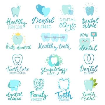 Tooth dental logo vector dentist clinic lettering toothcare icon stomatology text letter dentistry care logotype set illustration isolated on white background