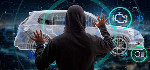 Hacker Man holding an smartcar concept  3d rendering