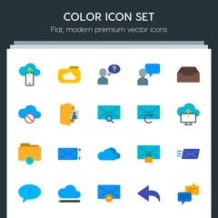 Modern Simple Set of cloud and networking, chat and messenger, folder, email Vector flat Icons. Contains such Icons as  mailbox, cloud,  sms and more on dark background. Fully Editable. Pixel Perfect