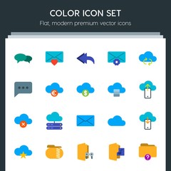 Modern Simple Set of cloud and networking, chat and messenger, folder, email Vector flat Icons. Contains such Icons as  sms, message, folder and more on dark background. Fully Editable. Pixel Perfect