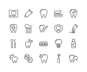 Simple Set of Dentist Related Vector Line Icons. Contains such Icons as Implant, Electric Toothbrush, Floss and more. Editable Stroke. 48x48 Pixel Perfect.