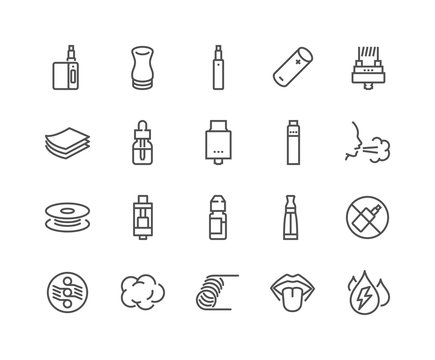 Simple Set of Vape Related Vector Line Icons. Contains such Icons as RDA, Atomizer, Drip Tip and more. Editable Stroke. 48x48 Pixel Perfect.