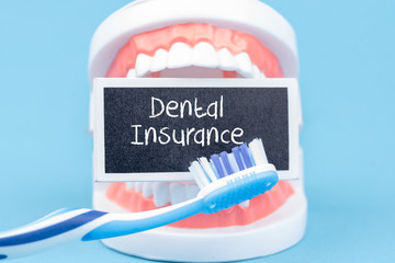 Gebiss mit Zahnbürste und einem Schild Dental Insurance