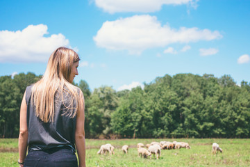 Young woman with sheeps in the meadow