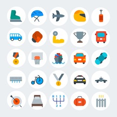 Modern Simple Set of transports, hotel, sports Vector flat Icons. Contains such Icons as travel,  police,  helmet, basketball,  race and more on white cricle background. Fully Editable. Pixel Perfect.