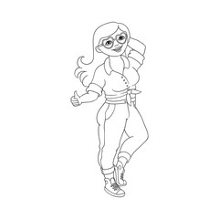 Fototapeta na wymiar Hand drawn plump obese girl showing thumbs up gesture in fancy heart shape sunglasses. Sketch style monochrome cute female character in jeans, pink skirt. Vector adult blonde overweight woman have fun