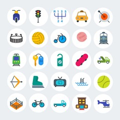 Modern Simple Set of transports, hotel, sports Vector flat Icons. Contains such Icons as  travel,  cycle, traffic,  ride,  vehicle and more on white cricle background. Fully Editable. Pixel Perfect.