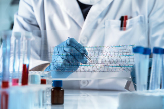 doctor analyzing DNA sequence results analysis graph / genetic engineering reading the structure chart with the results of the test 