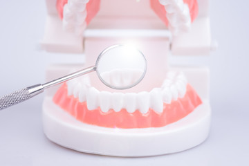 Zähne mit einem Zahnspiegel beim Zahnarzt