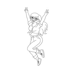 Hand drawn plump obese girl dancing in fancy heart shape sunglasses. Sketch style cute female character jeans, pink skirt jumping putting hands up. Vector adult blonde overweight woman monochrome