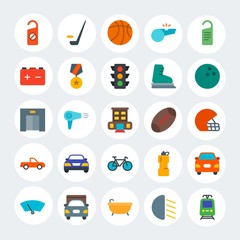 Modern Simple Set of transports, hotel, sports Vector flat Icons. Contains such Icons as light,  automobile, basketball,  auto, tram and more on white cricle background. Fully Editable. Pixel Perfect.