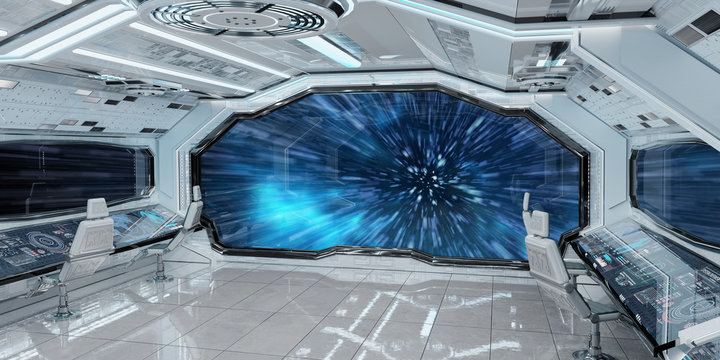 White clean spaceship interior with view on planet Earth 3D rendering