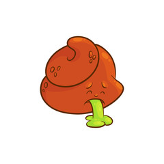 Poop cartoon character - puke poo emoticon isolated on white background. Flat vector illustration vomit smiley of sick and wicked excrement. Feces emoji with sickness.