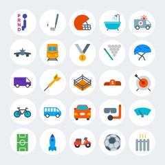 Modern Simple Set of transports, hotel, sports Vector flat Icons. Contains such Icons as  car,  scuba, seductive,  dart, bath,  home and more on white cricle background. Fully Editable. Pixel Perfect.
